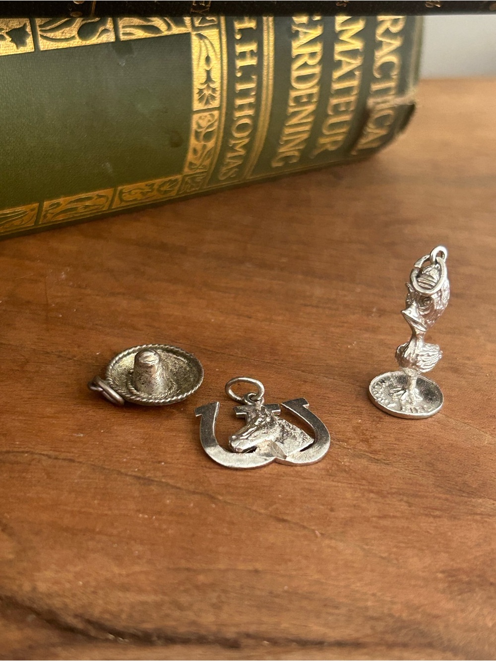 3- vintage Sterling Silver bracelet Charms- Cowboy Hat, Horseshoe & chicken